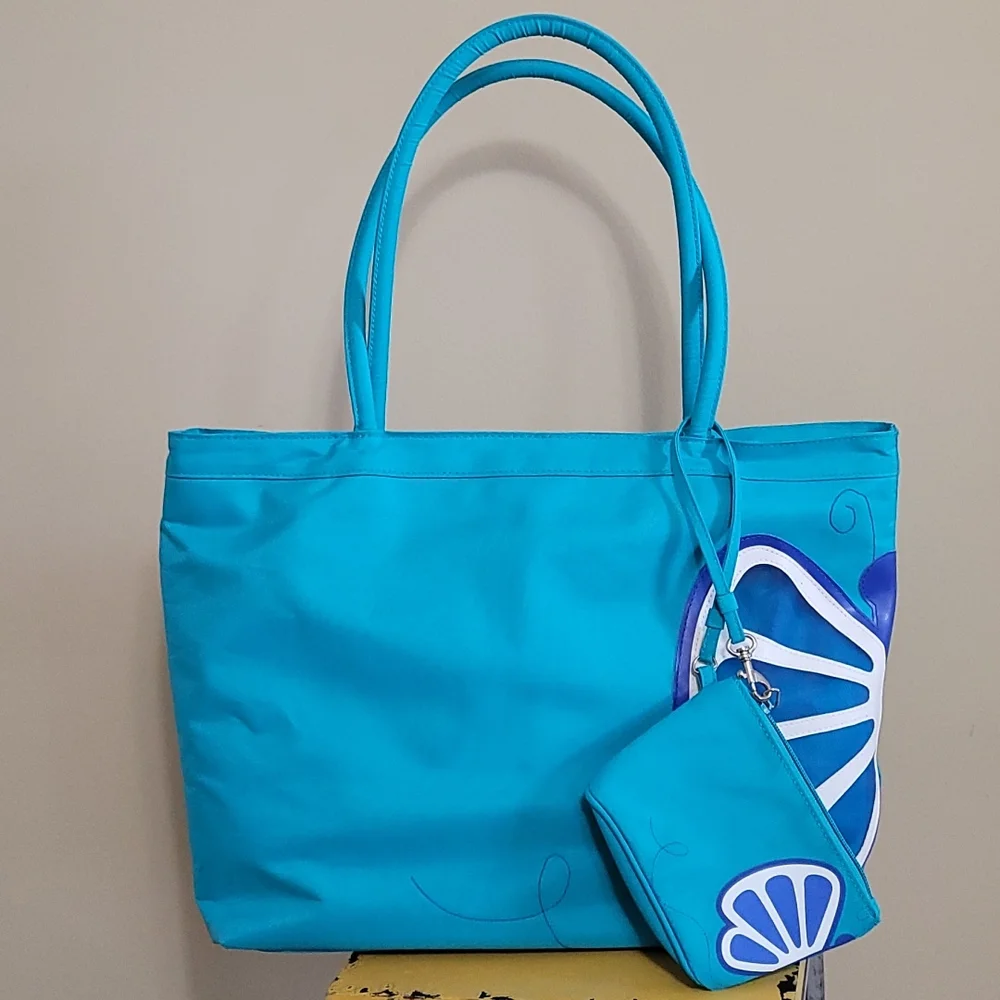 NEW Large Canvas Beach Tote Bag Butterfly Summer Living Turquoise Blue 2pc set